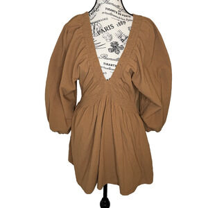 Women’s Mini Dress Large Gold Long Puff sleeves Deep V-Neck Smocked V And Waist